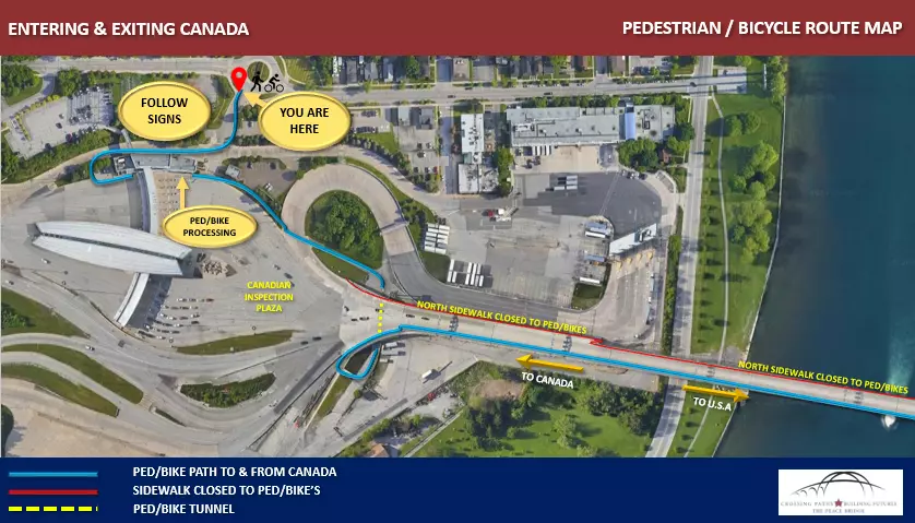 Peace Bridge Pedestrian map for crossing from Canada to the US