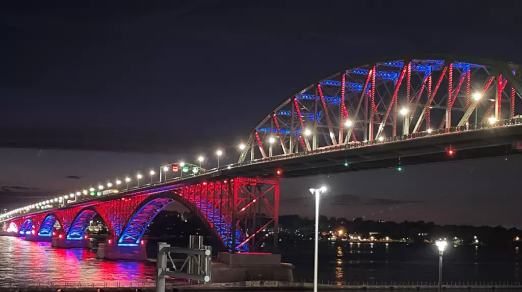 The Peace Bridge crossing with Red and Blue lighting